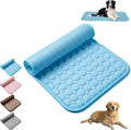 A blue rolled-up cooling mat for dogs and cats. Four color variants: blue, pink, brown, and gray.