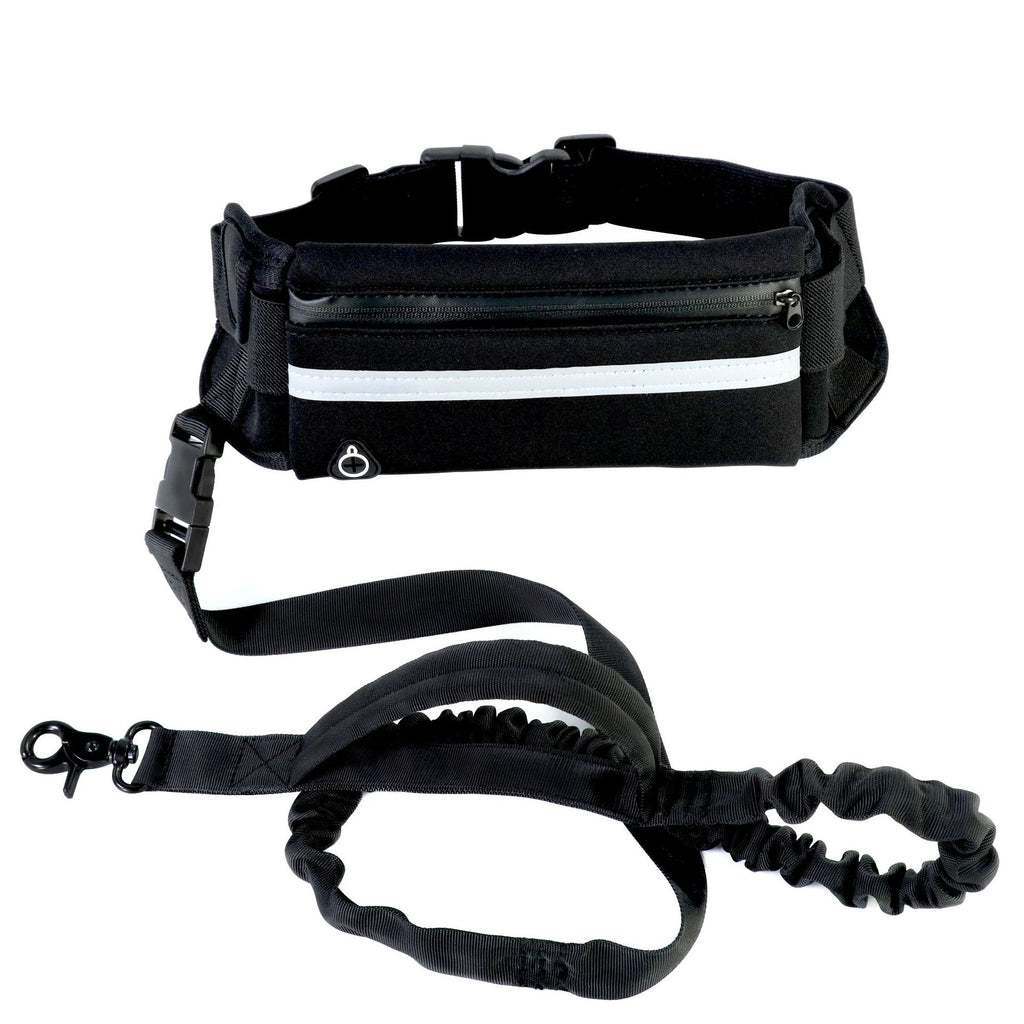 Black waist bag with reflective strip and bungee leash 
