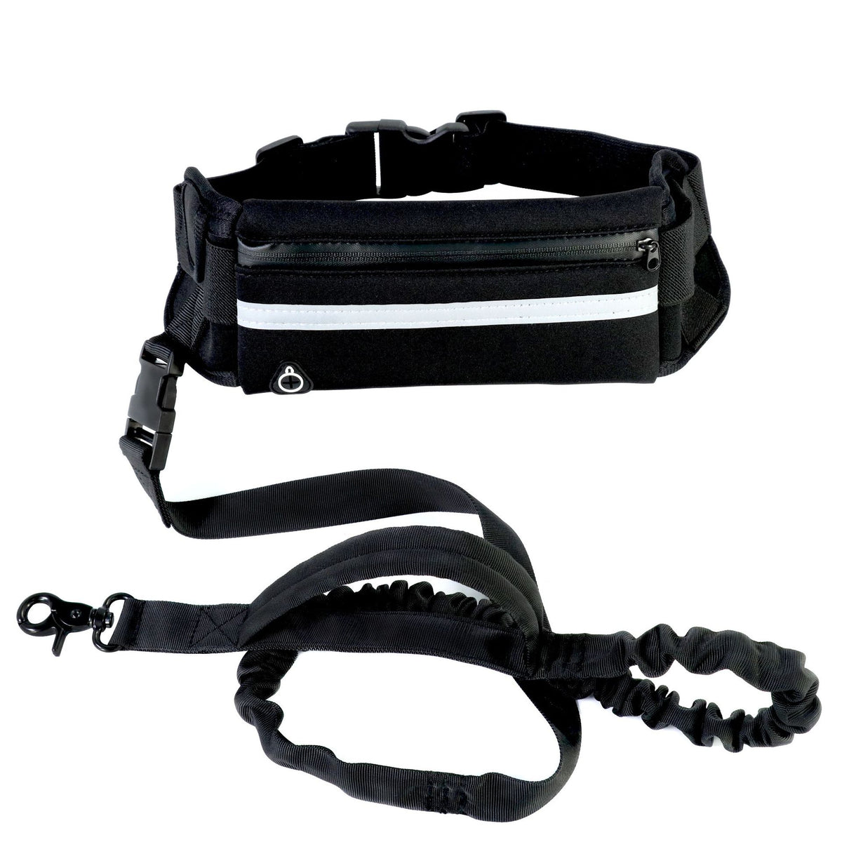 Black waist bag with reflective strip and bungee leash 