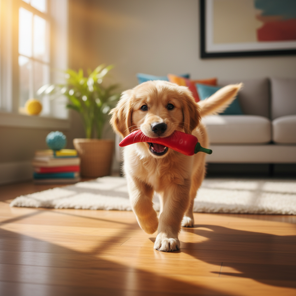 Happy puppy playing with chili chew toy